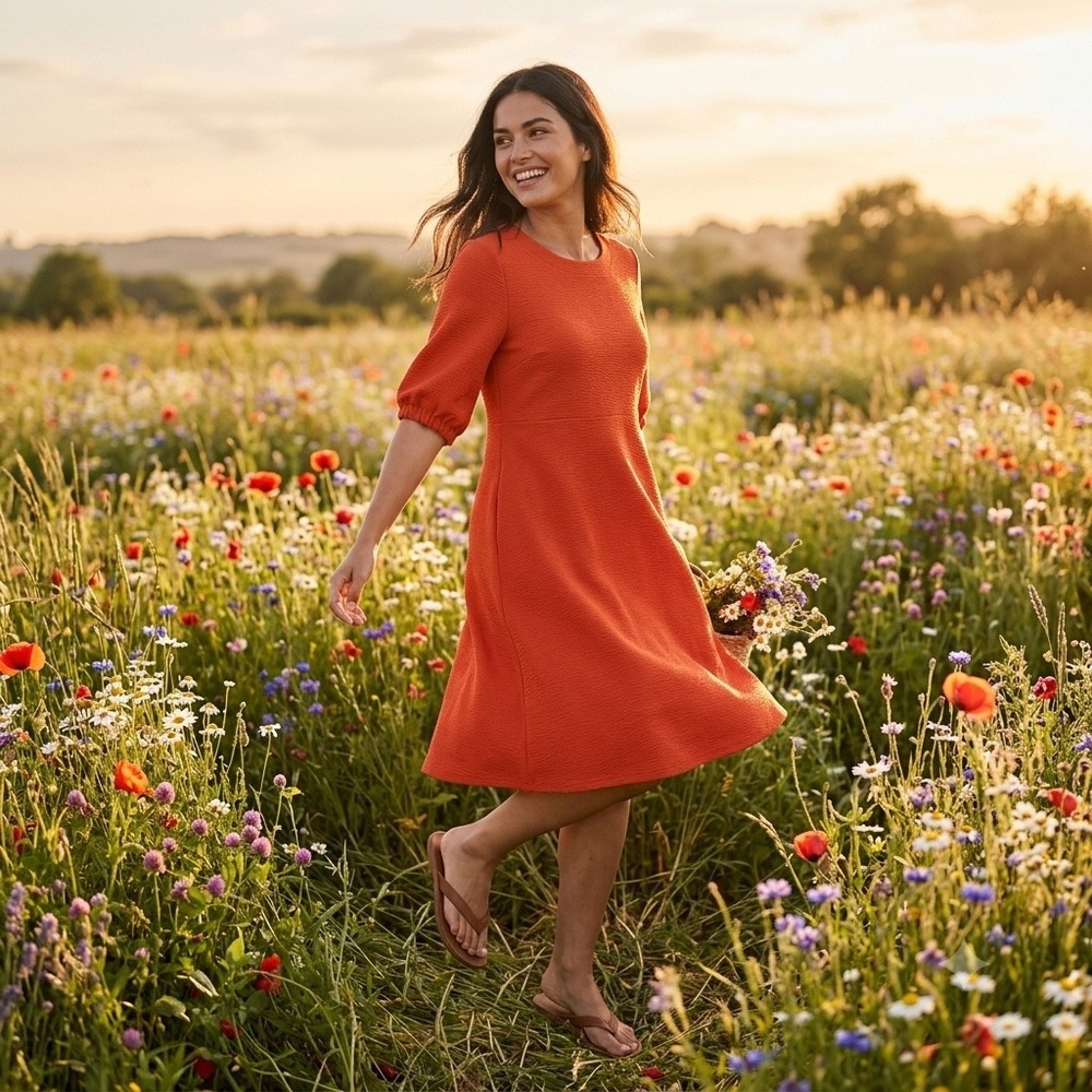 Free Assembly Women's Red Orange Textured‎ 3/4 Sleeve Shift Dress Size Medium